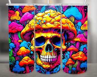 Trippy Mushroom Skull, Colorful PNG Design, 20Oz Skinny Tumbler Wrap, Digital Download