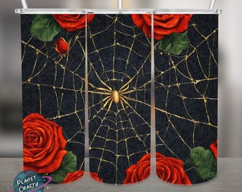 Spider, Web and Red Roses PNG Design, 20Oz Skinny Tumbler Wrap, Digital Download