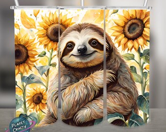 Sloth, Sunflowers PNG Design, 20Oz Skinny Tumbler Wrap, Digital Download