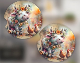 Cows and Chickens Car Coaster PNG Design, Digital Download