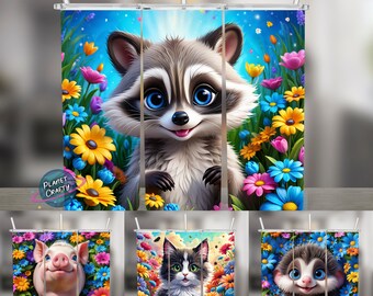 Design Bundle, Cute Animals urrounded by Colorful Flowers, 20oz Skinny Tumbler Wraps, Sublimation Designs