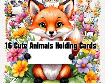 Design Bundle, Cute Animals Holding Cards, Transparent PNG's, Great for Gift Cards, Mother's Day, Birthday, Add A Message or Name
