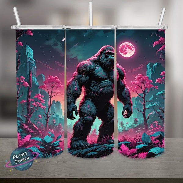 Bigfoot Under Moonlight, Pink Accents PNG Design, 20Oz Skinny Tumbler Wrap, Digital Download