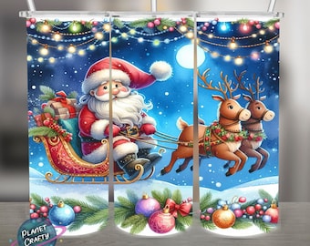Santa, Sleigh and Reindeer, Christmas PNG Design, 20Oz Skinny Tumbler Wrap, Digital Download