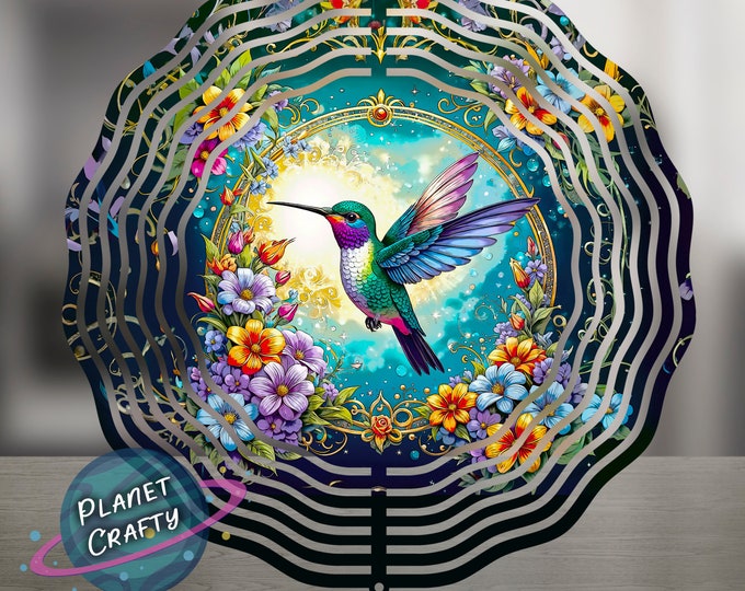 Featured listing image: Hummingbird, Beautiful Design With Colorful Flowers, Wind Spinner PNG Design, Digital Download