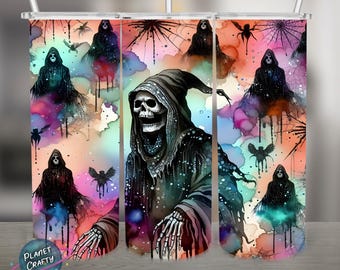 Grim Reaper Pattern, Halloween Skeleton PNG Design, 20Oz Skinny Tumbler Wrap, Digital Download