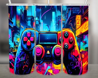 Game Controller, Gamer Neon Colorful PNG Design, 20Oz Skinny Tumbler Wrap, Digital Download