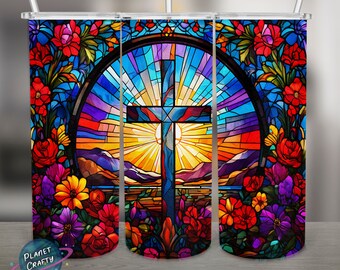 Cross Surrounded by Flowers, Stained Glass PNG Design, 20Oz Skinny Tumbler Wrap, Digital Download