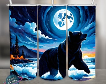 Bear Silhouette Under Moonlight PNG Design, 20Oz Skinny Tumbler Wrap, Digital Download
