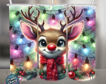 Rudolph Red Nosed Reindeer Among Christmas Lights PNG Design, 20Oz Skinny Tumbler Wrap, Digital Download