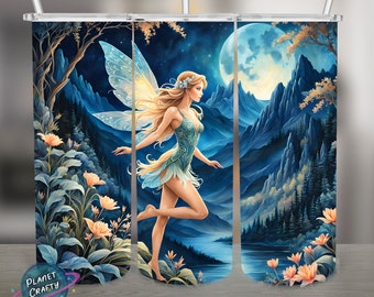 Fairy Under Moonlight Illustration design PNG Design, 20Oz Skinny Tumbler Wrap, Digital Downloads