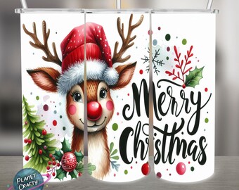 Red Nosed Reindeer, Merry Christmas PNG Design, 20Oz Skinny Tumbler Wrap, Digital Download