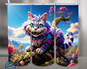 Cheshire Cat on Tree Brach, Fantasy Background PNG Design, 20Oz Skinny Tumbler Wrap, Digital Download