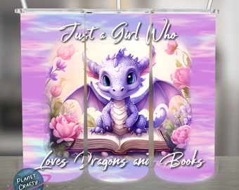 Just a Girl Who Loves Dragons and Books PNG Design, 20Oz Skinny Tumbler Wrap, Digital Download