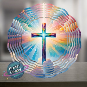 May include: A colorful metal wind spinner with a cross design. The cross is surrounded by a rainbow of colors and clouds. The wind spinner is designed to spin in the wind.