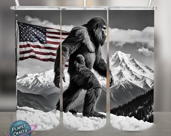 Bigfoot, Sasquatch Walking by USA Flag on the Mountains PNG Design, 20Oz Skinny Tumbler Wrap, Digital Download