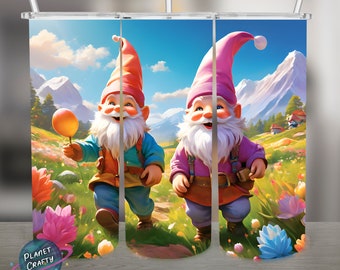 Gnomes in a Colorful Spring Field PNG Design, 20Oz Skinny Tumbler Wrap, Digital Download
