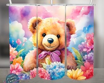 Cute Teddy Bear Surrounded by Flowers PNG Design, 20Oz Skinny Tumbler Wrap, Digital Download