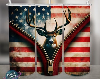 USA Flag, Zipper Deer PNG Design, 20Oz Skinny Tumbler Wrap, Digital Download