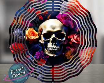 Skull Surrounded by Flowers, Wind Spinner PNG Design, Digital Download