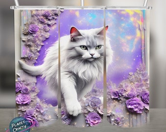 Beautiful cat among purple flowers PNG Design, 20Oz Skinny Tumbler Wrap, Digital Download