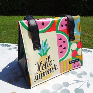 Insulated snack bag or lunch bag in waxed canvas with "Hello Summer" pattern and imitation leather - Handmade creation