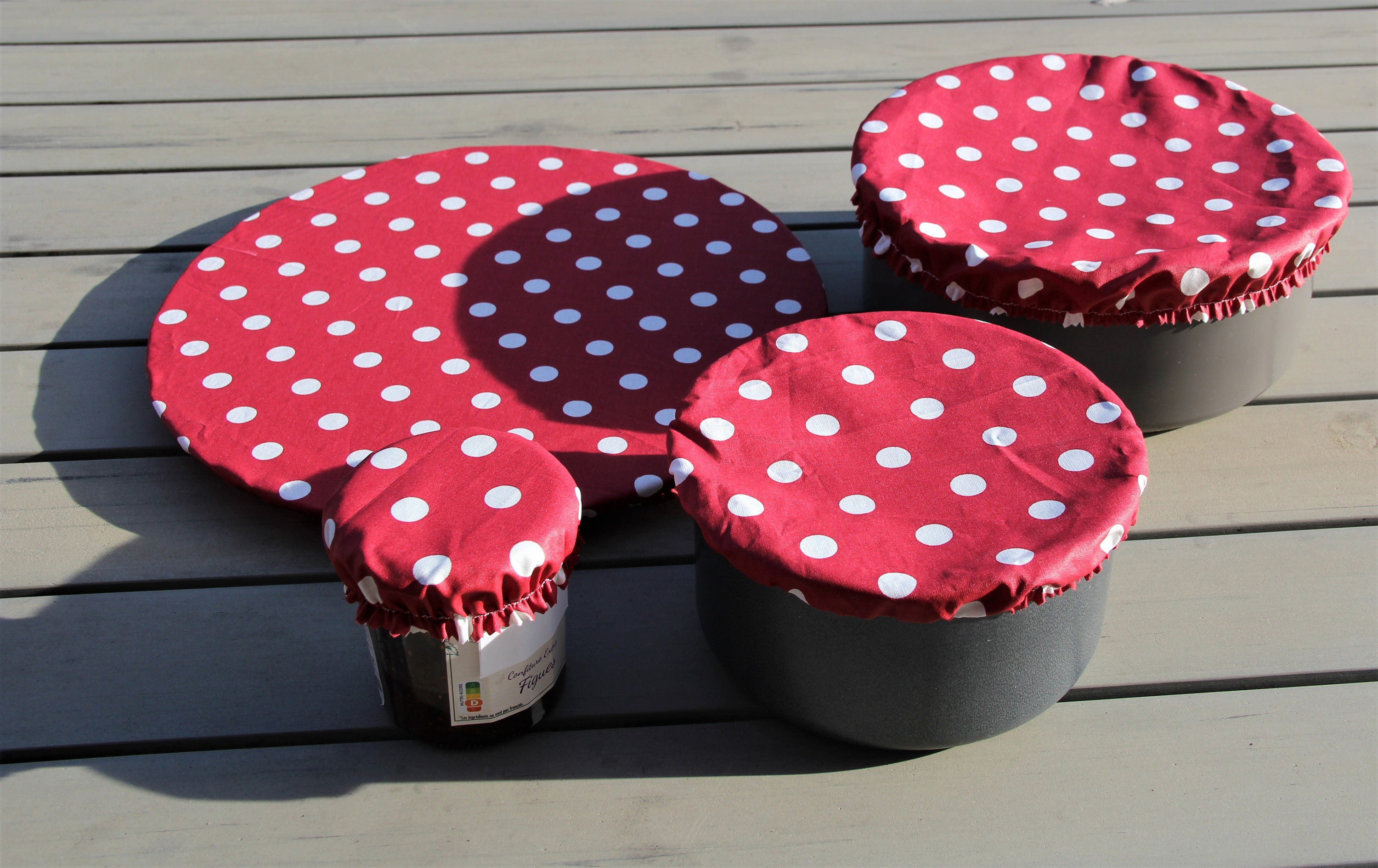 Lot de 4 Charlottes Couvre Plat en Toile Enduite Framboise à Pois Blancs - Création Artisanale