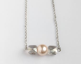 Swarovski Crystal Necklace - Pink Pearl Necklace - Pink Pearl and Crystal Necklace - Minimalist Jewelry -