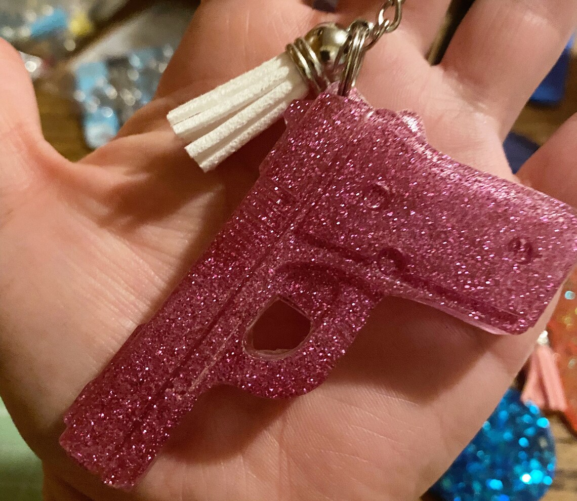 Custom glitter Gun Keychain with tassel Etsy