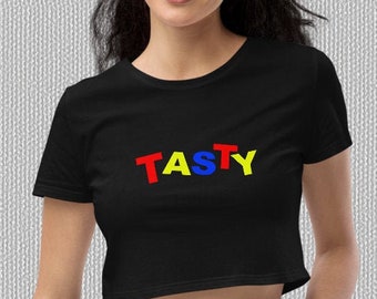 Organic crop top Tasty graphic, Summer Tops, Festival Crop Tops, Tops For Women, Gift For Her, short sleeve crop top, comfortable crop tops