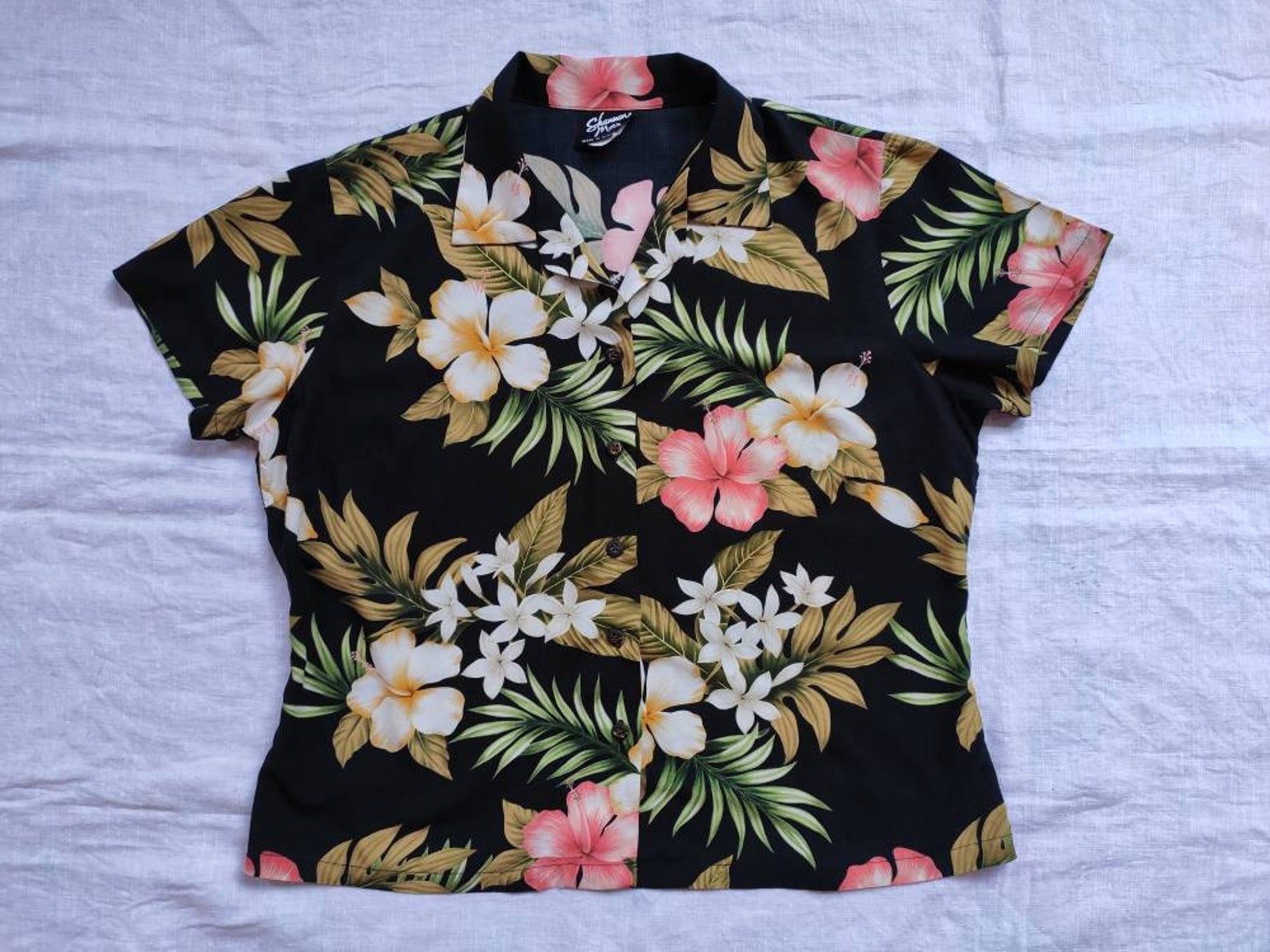 Vintage Women's Size Large Hawaiian Shirt Rayon Pink Black | Etsy