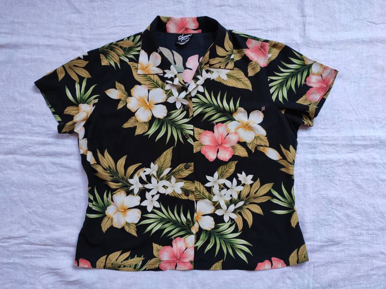 Vintage Women's Size Large Hawaiian Shirt Rayon Pink Black Etsy