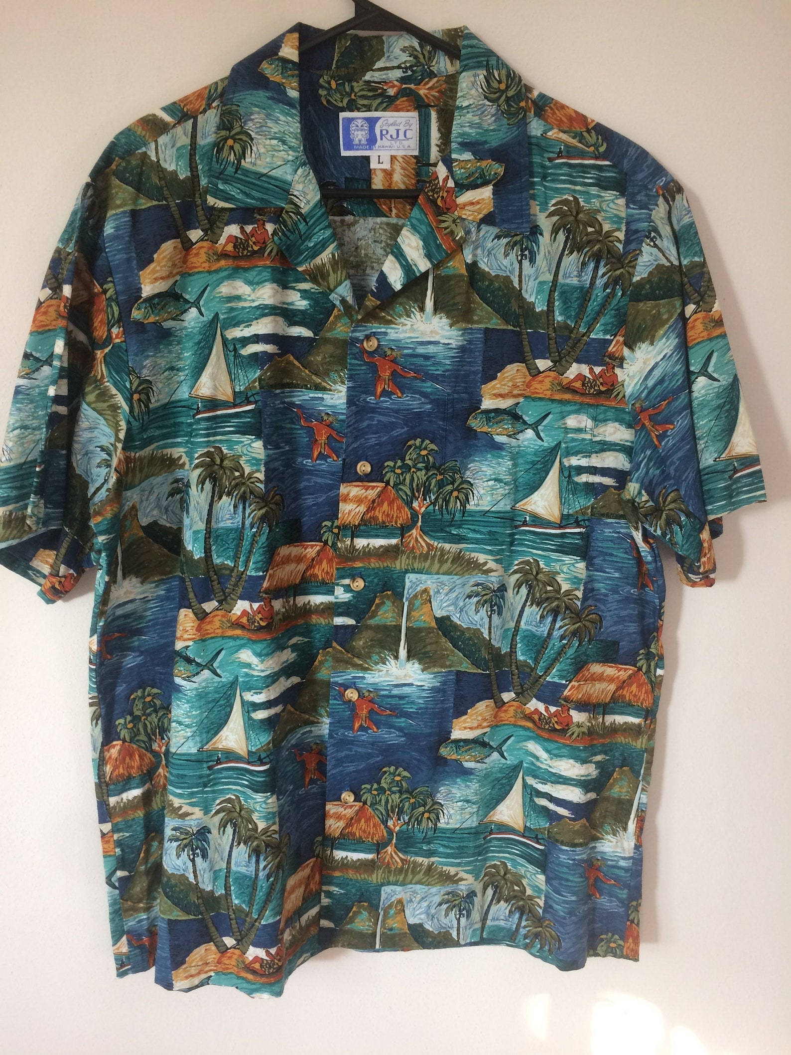 Vintage RJC Magnum PI Aloha Hawaiian Shirt Size L teal blue | Etsy
