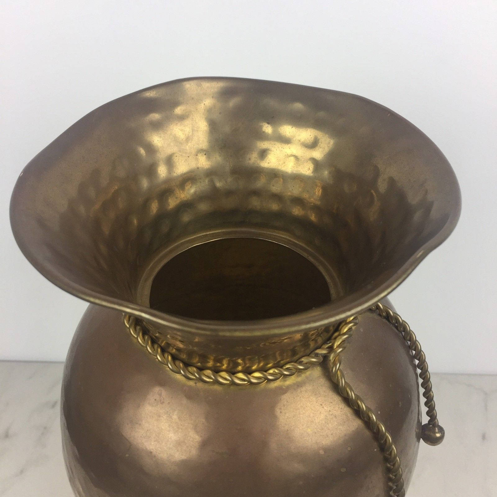 Vintage Large Hammered Brass Vase Ruffled Rim Brass Tassels Solid