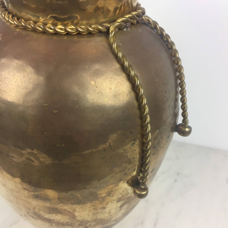 Vintage Large Hammered Brass Vase Ruffled Rim Brass Tassels Solid
