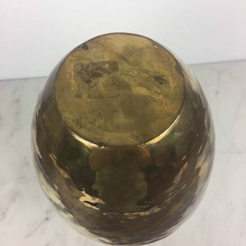 Vintage Large Hammered Brass Vase Ruffled Rim Brass Tassels Solid