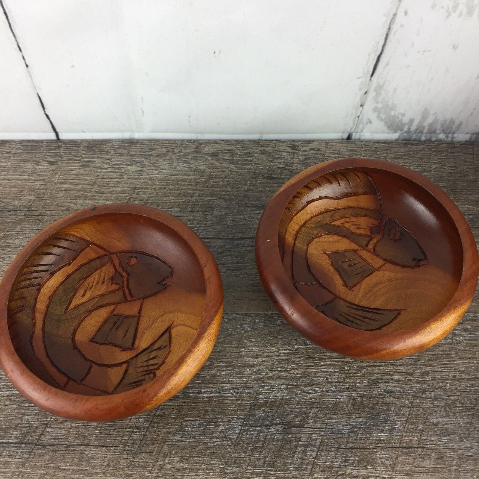 Set of 6 Hand Carved Fish Wooden Salad Bowl Primitive Asian Etsy UK