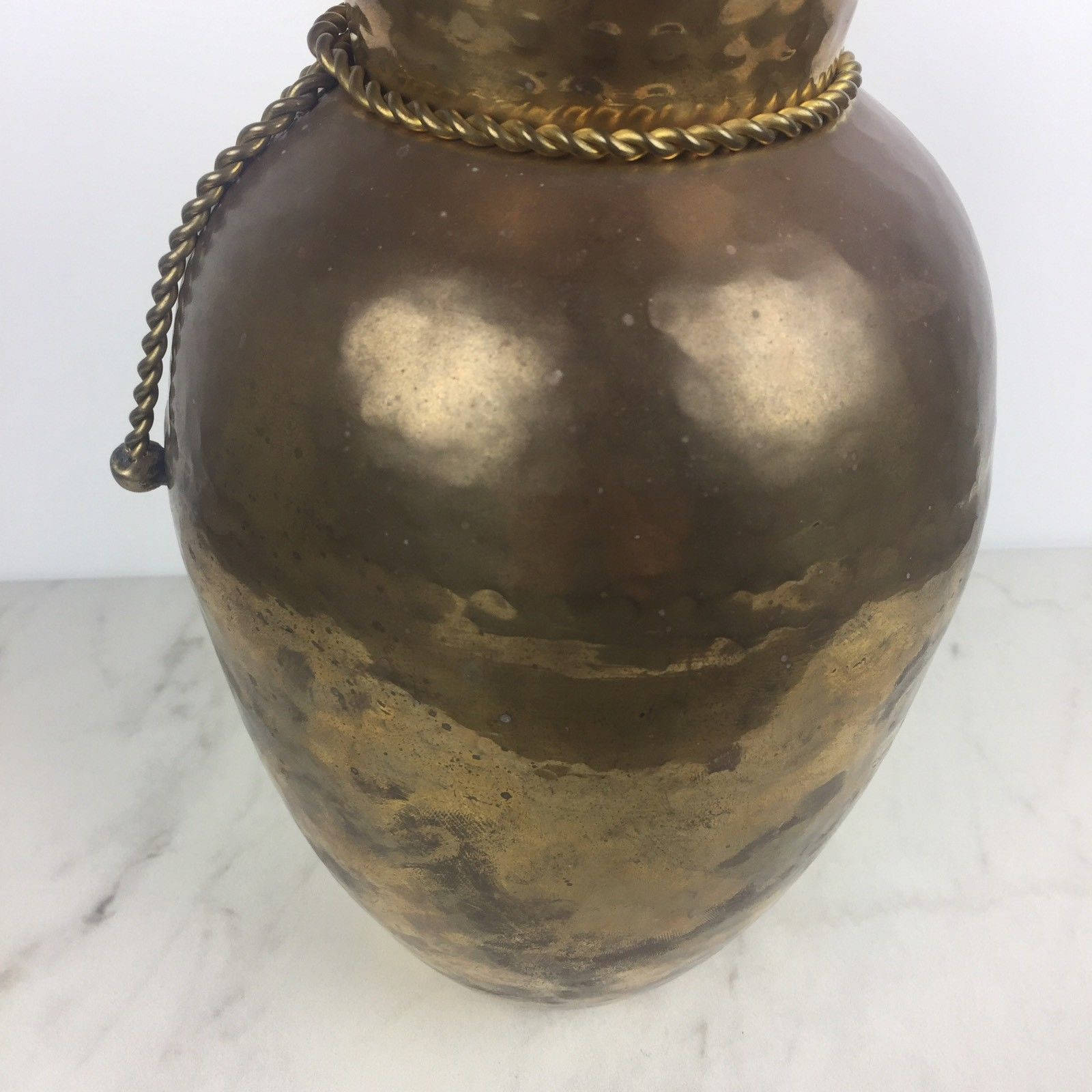 Vintage Large Hammered Brass Vase Ruffled Rim Brass Tassels Solid