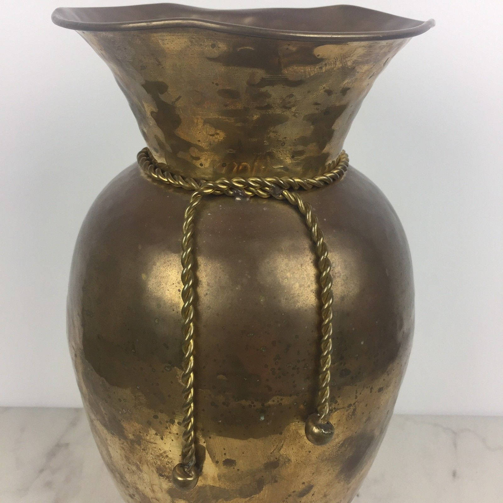 Vintage Large Hammered Brass Vase Ruffled Rim Brass Tassels Solid