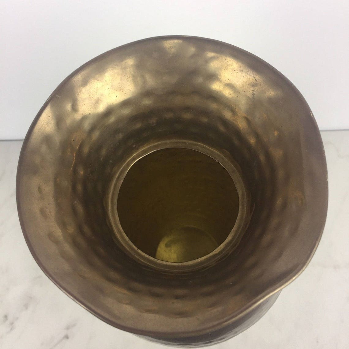 Vintage Large Hammered Brass Vase Ruffled Rim Brass Tassels Solid