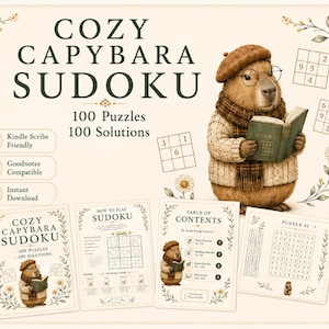 Könnte beinhalten: Ein digitales Sudoku-Rätselbuch mit dem Titel Cozy Capybara Sudoku mit 100 Rätseln und 100 Lösungen. Das Cover zeigt eine Illustration eines Capybaras mit braunem Barett, Brille und Pullover, das ein Buch hält. Enthält Symbole für Kindle Scribe und Goodnotes-Kompatibilität.