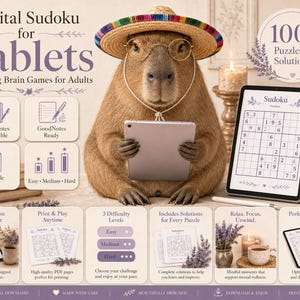 Könnte beinhalten: Digitales Sudoku für Tablets. Das Bild zeigt ein Capybara mit Hut und Brille, das ein Tablet hält. Auf dem Tablet ist ein Sudoku-Rätsel zu sehen. Der Text informiert über druckbare PDFs, Schwierigkeitsgrade und Lösungen.