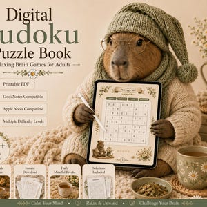 Könnte beinhalten: Ein digitales Sudoku-Rätselbuch mit einem Capybara, das eine grüne Strickmütze, einen Schal und eine runde Brille trägt. Das Capybara hält ein Tablet mit einem Sudoku-Gitter und einen Stift. Text: Digital Sudoku Puzzle Book, 100+ Puzzles & Solutions.