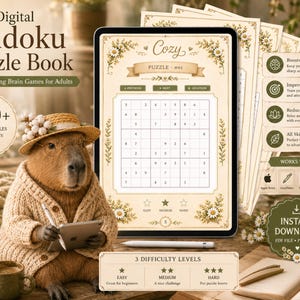 Könnte beinhalten: Ein digitales Sudoku-Rätselbuch mit einem Capybara, das einen Strohhut und eine beige Strickjacke trägt. Der Tablet-Bildschirm zeigt ein Sudoku-Gitter, den Text Cozy und Puzzle 001. Enthält 100+ Rätsel, Schwierigkeitsgrade und Symbole für PDF-Apps.