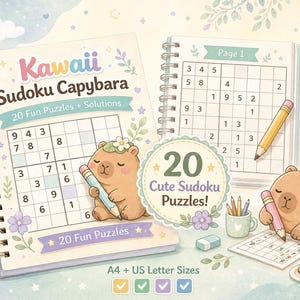 以下が含まれることがあります： 「Kawaii Sudoku Capybara」というタイトルのイラスト入りノート。20個のパズルと解答が掲載されています。画像には、鉛筆を持ったカピバラの漫画のキャラクター、数独パズル、そして「Cute Sudoku Puzzles!」というテキストが、気まぐれなスタイルで描かれています。