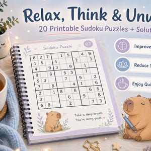 Könnte beinhalten: Ein Spiralbuch mit Sudoku-Rätseln mit einem fertigen Puzzle. Auf dem Cover steht „Relax, Think & Unwind“ und „20 druckbare Sudoku-Rätsel + Lösungen“. Eine Tasse Tee, eine Kerze und eine kleine Pflanze sind ebenfalls zu sehen.