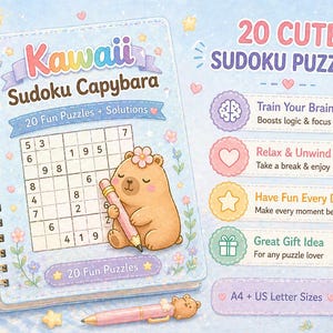 Könnte beinhalten: Ein Spiralnotizbuch mit einer niedlichen Capybara-Illustration und dem Text "Kawaii Sudoku Capybara". Das Cover zeigt ein Sudoku-Puzzle und die Worte "20 Cute Sudoku Puzzles!". Zusätzlicher Text hebt Vorteile hervor. Enthält einen rosa Stift.