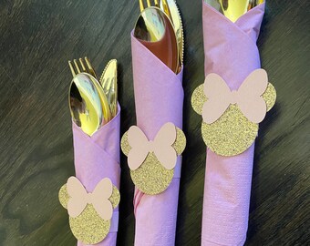 UTENSILS for pink and Gold Minnie Mickey Mouse plates table fork spoon knife wrapped in napkin