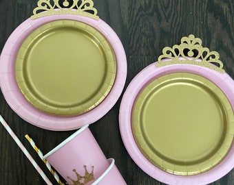 10 PRINCESS Pink Gold Glitter crown royal Birthday Table set plates straws cups party table decoration