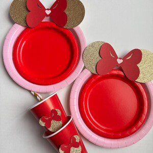 Valentine’s Day Red Pink Gold Minnie Mouse birthday decor, hearts Minnie decoration Table plates straws cups baby shower